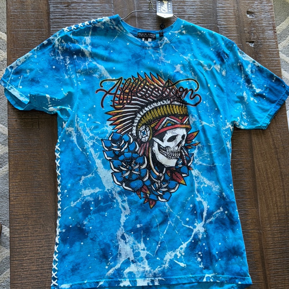 Affliction Blue and White Short Sleeve Tee with Skull Design